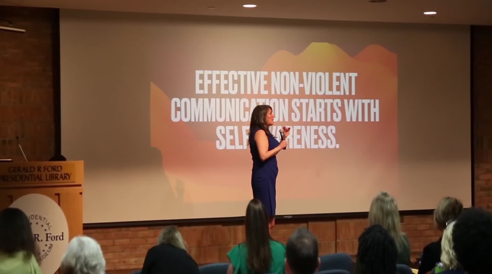 Joni Woods speaking at the Gerald R. Ford Presidential Library